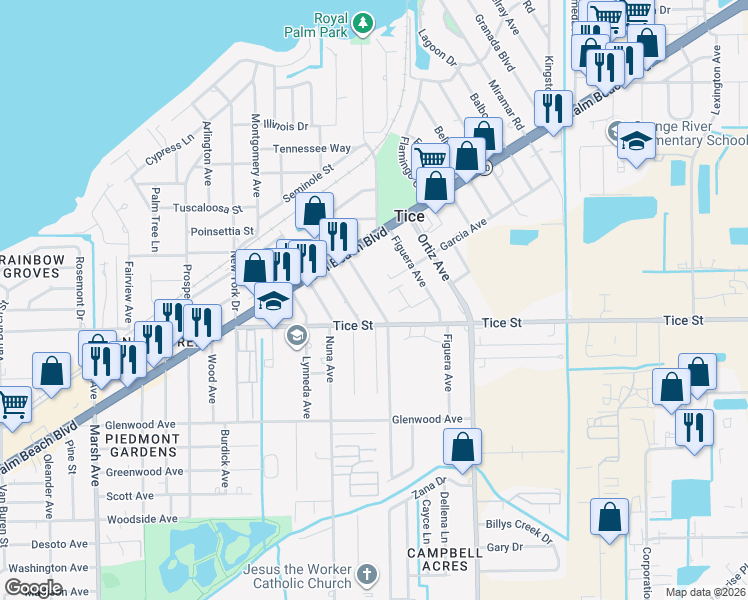 map of restaurants, bars, coffee shops, grocery stores, and more near 477 Carolina Avenue in Fort Myers