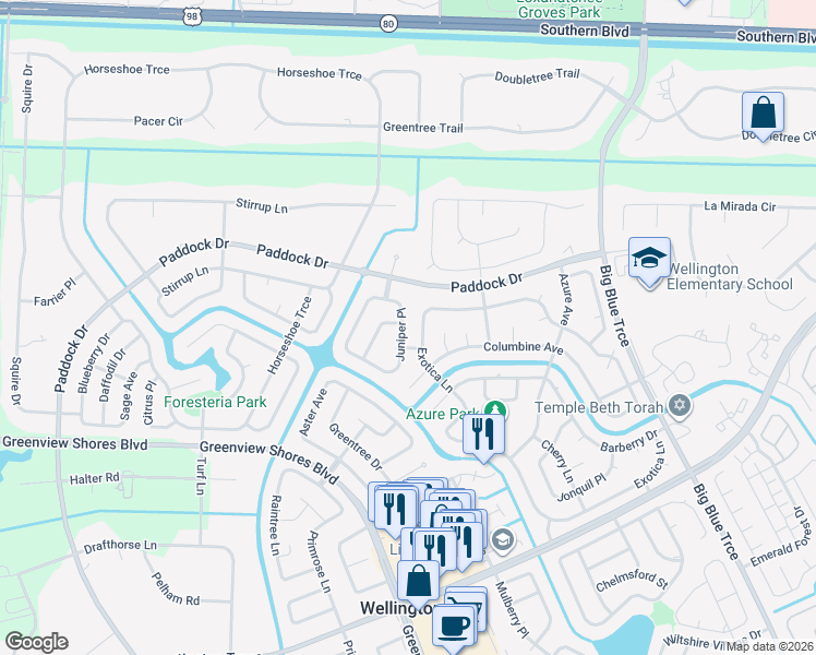 map of restaurants, bars, coffee shops, grocery stores, and more near 560 Juniper Place in Wellington