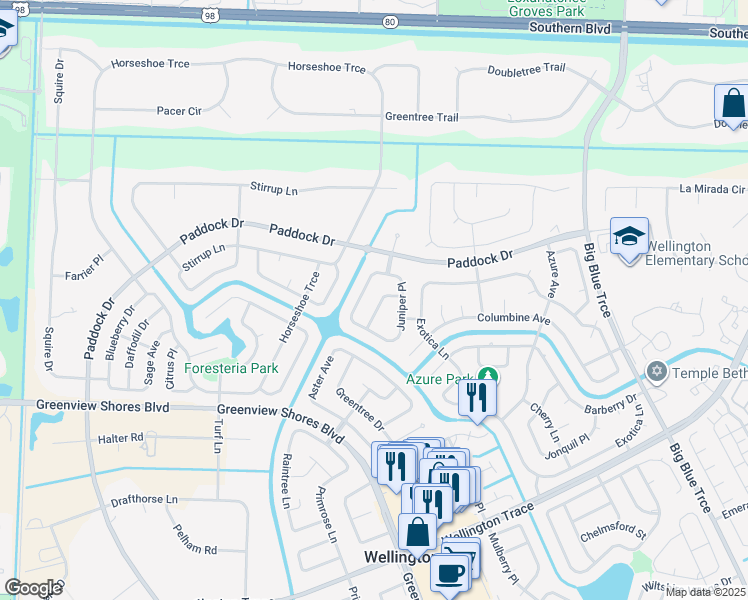 map of restaurants, bars, coffee shops, grocery stores, and more near 627 Carnation Court in Wellington
