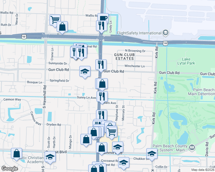 map of restaurants, bars, coffee shops, grocery stores, and more near 4381 Miss Piney Road in West Palm Beach