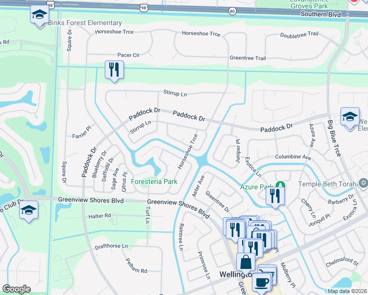 map of restaurants, bars, coffee shops, grocery stores, and more near 14278 Blackberry Drive in Wellington