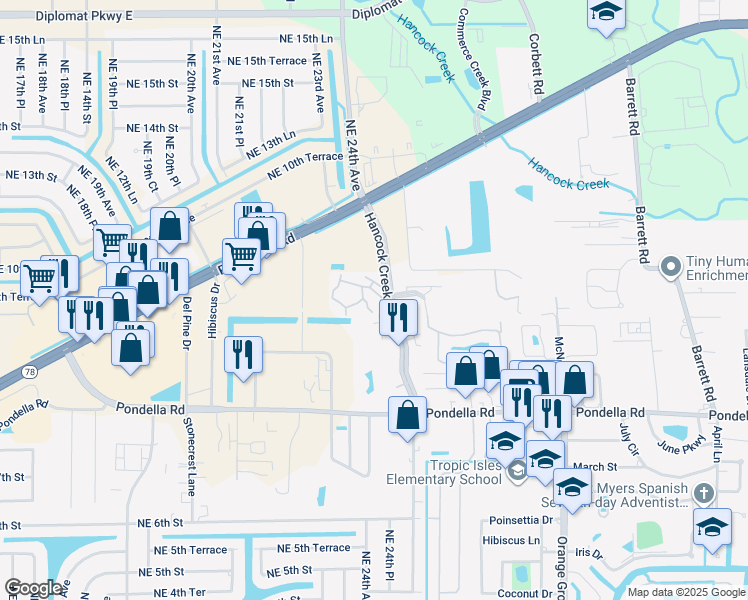 map of restaurants, bars, coffee shops, grocery stores, and more near 1166 Hancock Creek South Boulevard in Cape Coral