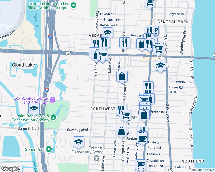 map of restaurants, bars, coffee shops, grocery stores, and more near 132 Lake Avenue in West Palm Beach