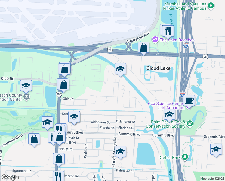 map of restaurants, bars, coffee shops, grocery stores, and more near 265 Ranch Lane in West Palm Beach