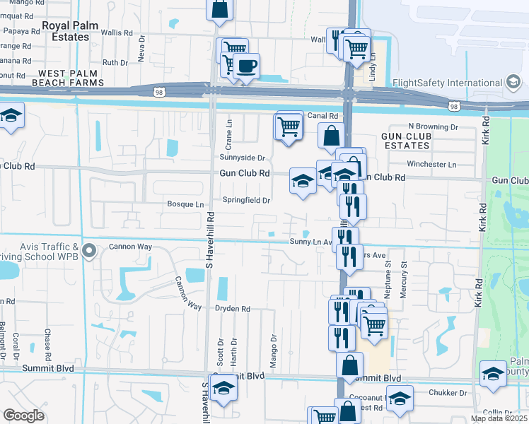 map of restaurants, bars, coffee shops, grocery stores, and more near 4840 Royal Court South in West Palm Beach