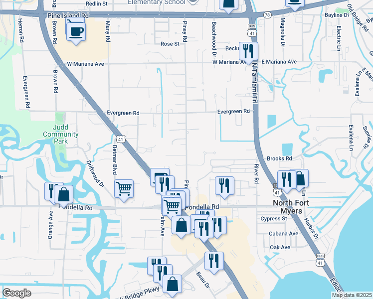 map of restaurants, bars, coffee shops, grocery stores, and more near 1349 Piney Road in North Fort Myers