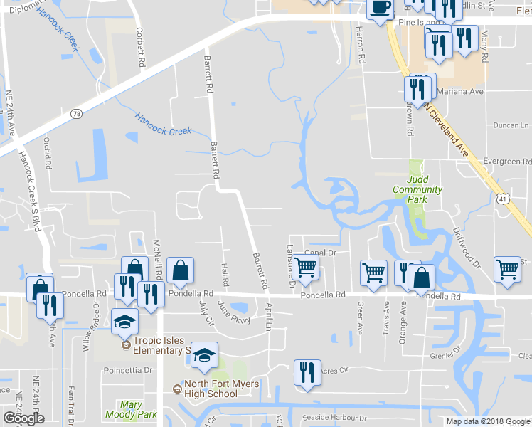 map of restaurants, bars, coffee shops, grocery stores, and more near 873 Lansdale Road in North Fort Myers