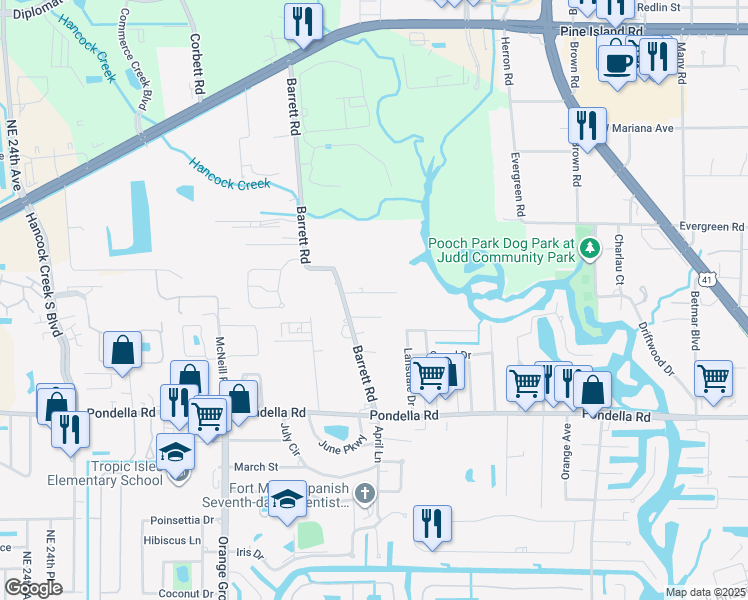 map of restaurants, bars, coffee shops, grocery stores, and more near 873 Lansdale Road in North Fort Myers
