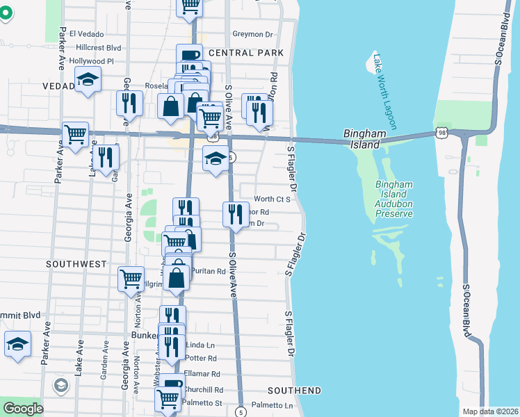 map of restaurants, bars, coffee shops, grocery stores, and more near 229 Edmor Road in West Palm Beach