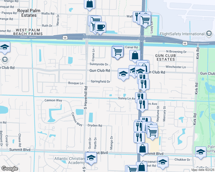 map of restaurants, bars, coffee shops, grocery stores, and more near 4840 Royal Court South in West Palm Beach