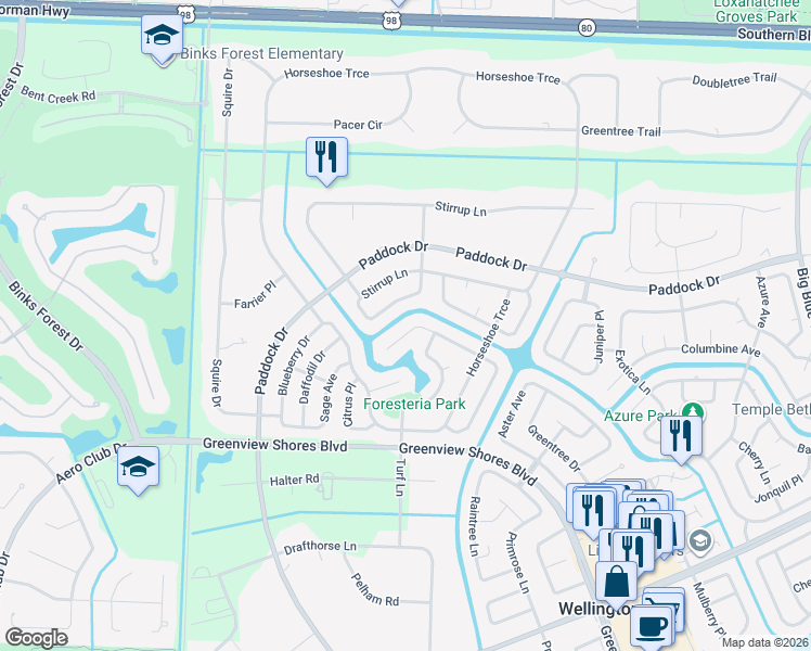 map of restaurants, bars, coffee shops, grocery stores, and more near 14470 Larkspur Lane in Wellington