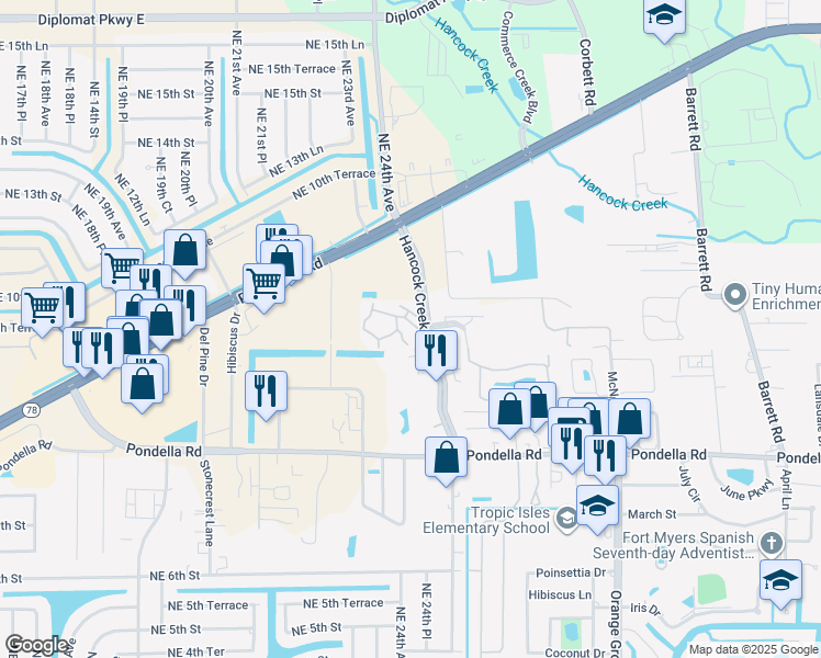 map of restaurants, bars, coffee shops, grocery stores, and more near 1166 Hancock Creek South Boulevard in Cape Coral