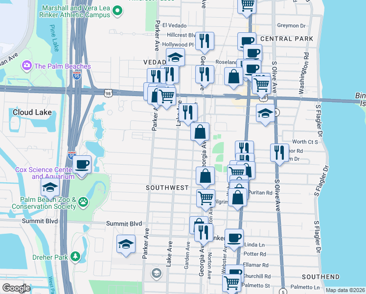 map of restaurants, bars, coffee shops, grocery stores, and more near 132 Lake Avenue in West Palm Beach