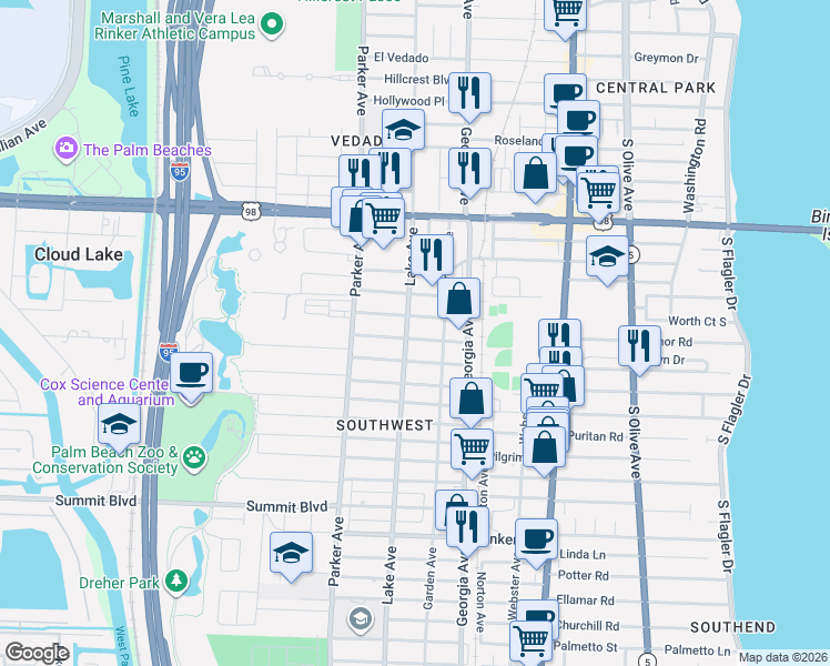 map of restaurants, bars, coffee shops, grocery stores, and more near 132 Lake Avenue in West Palm Beach
