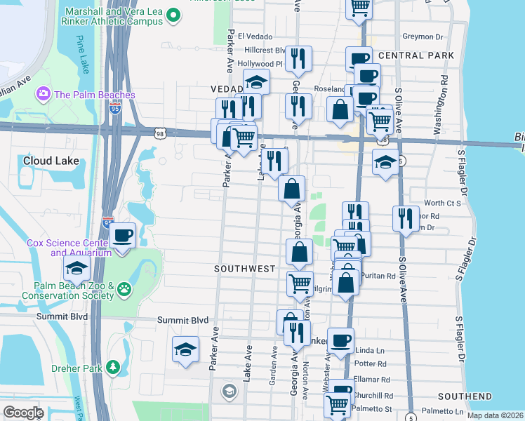 map of restaurants, bars, coffee shops, grocery stores, and more near 132 Lake Avenue in West Palm Beach
