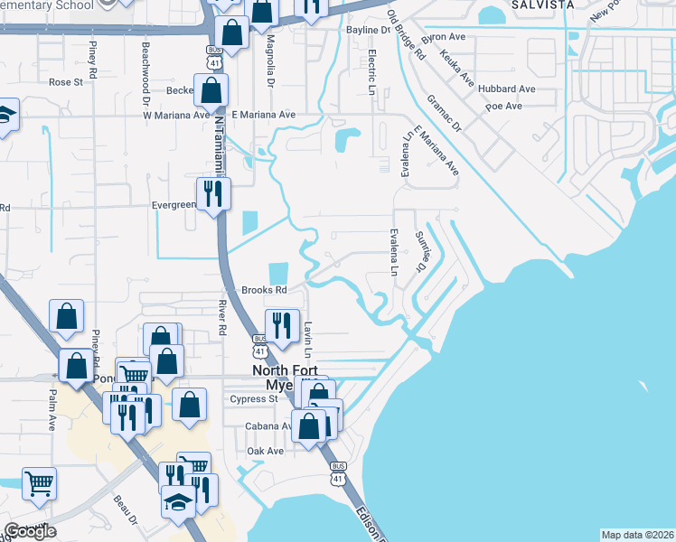 map of restaurants, bars, coffee shops, grocery stores, and more near 145 Brooks Road in North Fort Myers