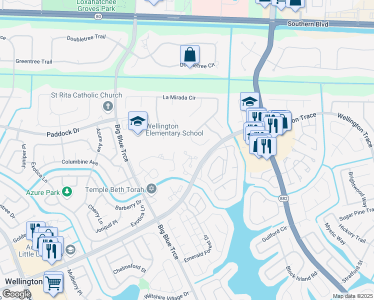 map of restaurants, bars, coffee shops, grocery stores, and more near 27 Pine Shadow Way in Wellington