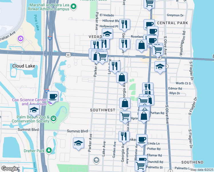 map of restaurants, bars, coffee shops, grocery stores, and more near 132 Lake Avenue in West Palm Beach
