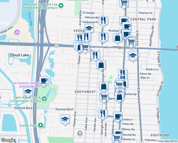 map of restaurants, bars, coffee shops, grocery stores, and more near 132 Lake Avenue in West Palm Beach