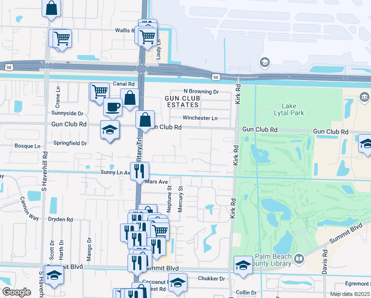 map of restaurants, bars, coffee shops, grocery stores, and more near 4293 Miss Piney Road in West Palm Beach