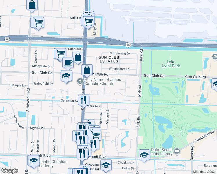 map of restaurants, bars, coffee shops, grocery stores, and more near 4293 Miss Piney Road in West Palm Beach