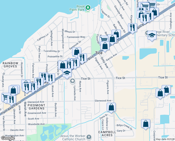 map of restaurants, bars, coffee shops, grocery stores, and more near 473 Mississippi Avenue in Fort Myers