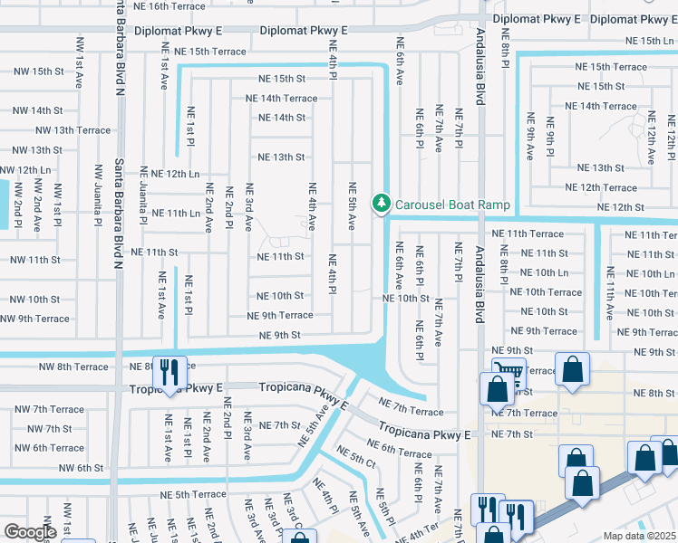 map of restaurants, bars, coffee shops, grocery stores, and more near 1008 Northeast 4th Place in Cape Coral