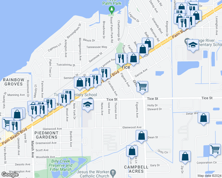 map of restaurants, bars, coffee shops, grocery stores, and more near 462 Carolina Avenue in Fort Myers