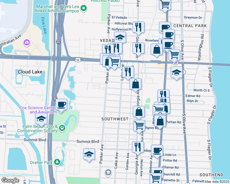map of restaurants, bars, coffee shops, grocery stores, and more near 838 Dobbins Street in West Palm Beach