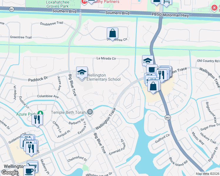map of restaurants, bars, coffee shops, grocery stores, and more near 27 Pine Shadow Way in Wellington