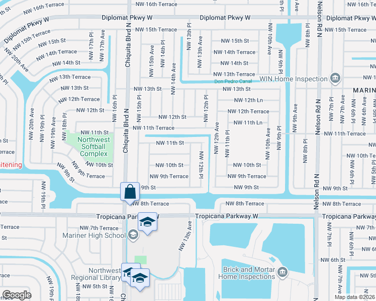 map of restaurants, bars, coffee shops, grocery stores, and more near 1310 Northwest 10th Terrace in Cape Coral