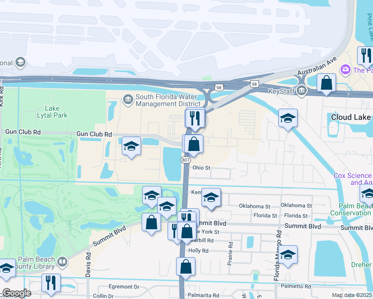 map of restaurants, bars, coffee shops, grocery stores, and more near 360 South Congress Avenue in West Palm Beach