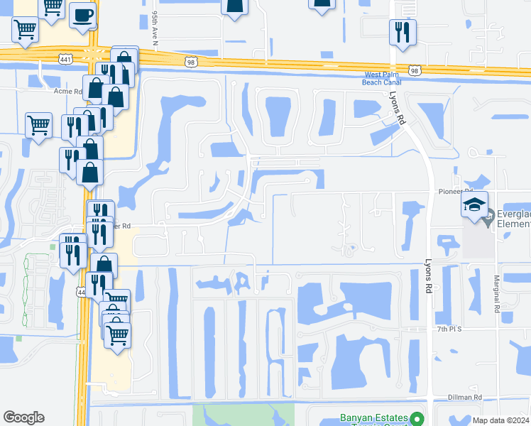 map of restaurants, bars, coffee shops, grocery stores, and more near 9094 New Hope Court in West Palm Beach