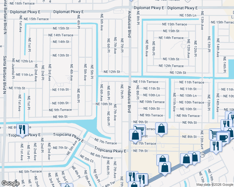 map of restaurants, bars, coffee shops, grocery stores, and more near 1021 Northeast 7th Avenue in Cape Coral