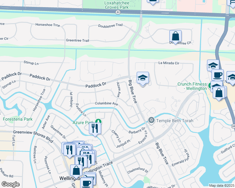 map of restaurants, bars, coffee shops, grocery stores, and more near 579 Azure Avenue in Wellington