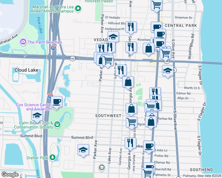 map of restaurants, bars, coffee shops, grocery stores, and more near 132 Lake Avenue in West Palm Beach