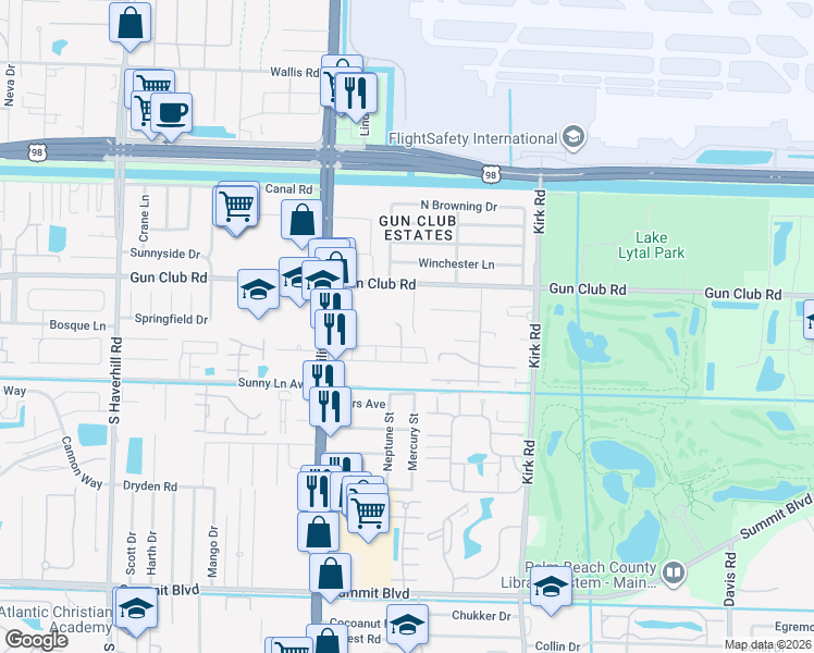 map of restaurants, bars, coffee shops, grocery stores, and more near 4293 Miss Piney Road in West Palm Beach