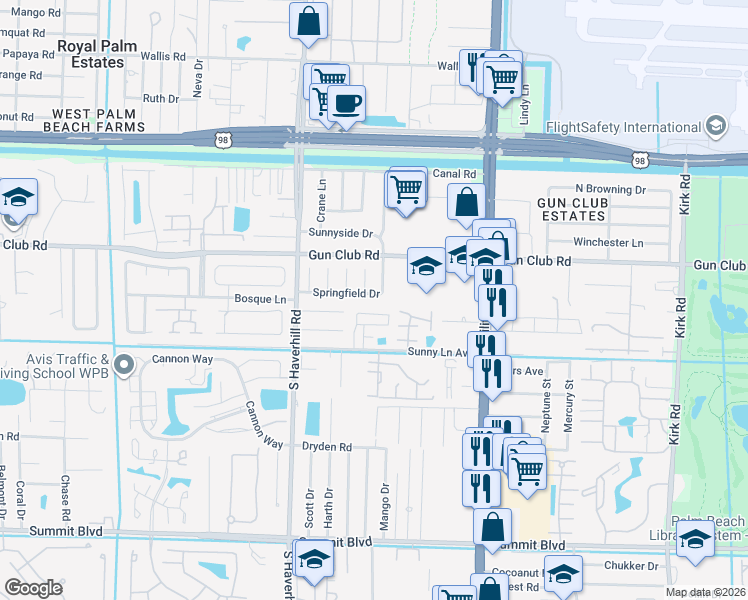 map of restaurants, bars, coffee shops, grocery stores, and more near 4781 Sunny Palm Circle in West Palm Beach