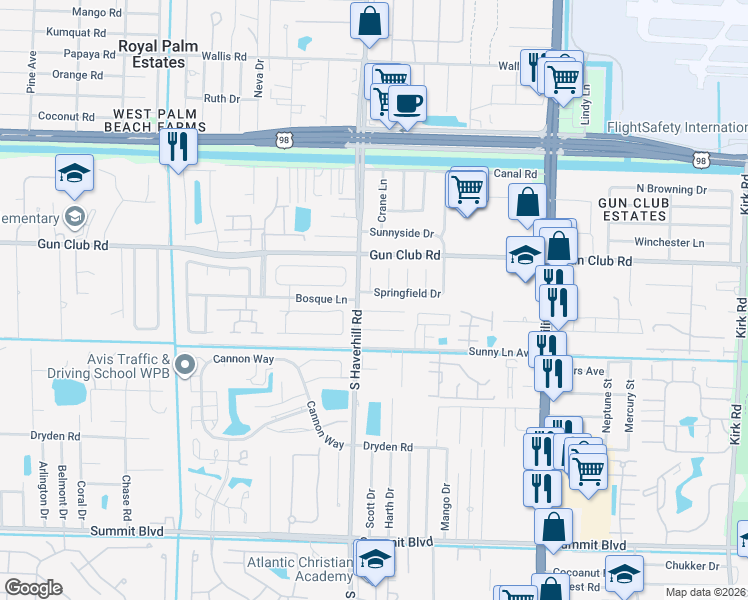 map of restaurants, bars, coffee shops, grocery stores, and more near 4934 Royal Court North in West Palm Beach