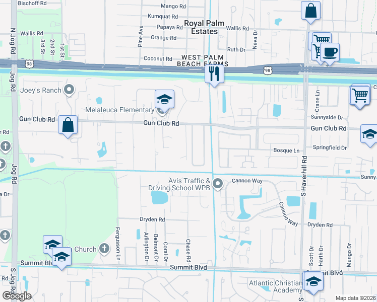 map of restaurants, bars, coffee shops, grocery stores, and more near 432 West Shadyside Circle in West Palm Beach