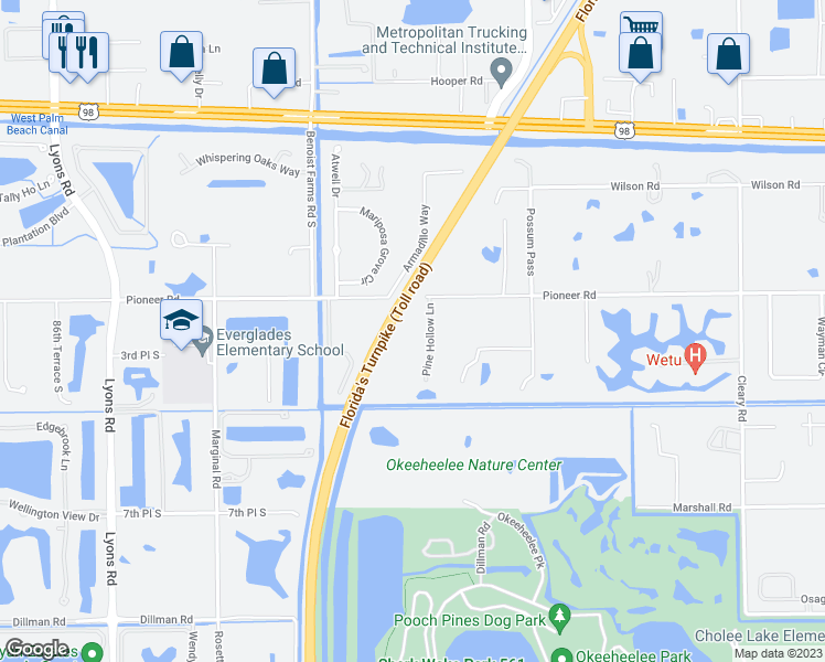 map of restaurants, bars, coffee shops, grocery stores, and more near 7758 Pioneer Road in West Palm Beach