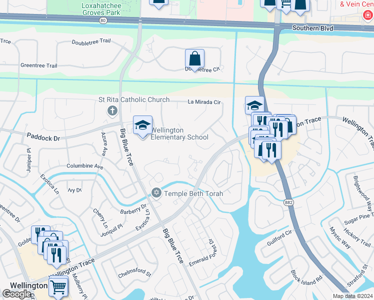 map of restaurants, bars, coffee shops, grocery stores, and more near 27 Pine Shadow Way in Wellington