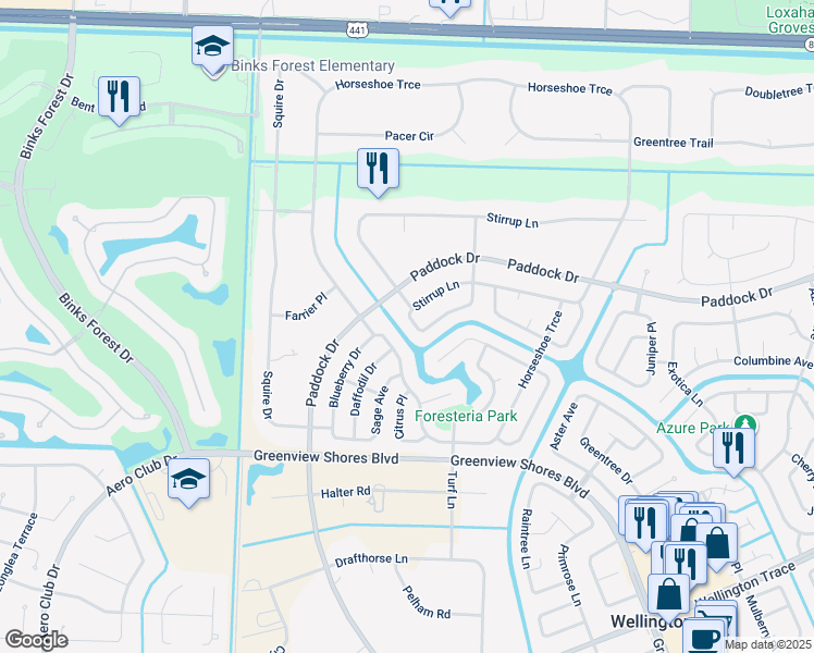 map of restaurants, bars, coffee shops, grocery stores, and more near 14635 Horseshoe Trce in Wellington