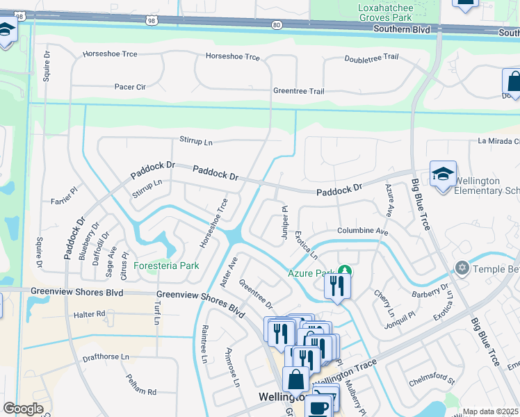 map of restaurants, bars, coffee shops, grocery stores, and more near 627 Carnation Court in Wellington