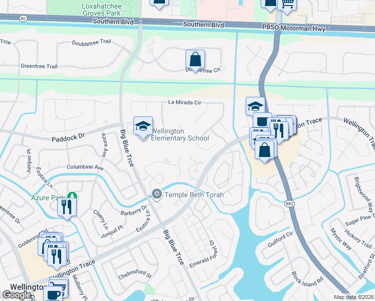 map of restaurants, bars, coffee shops, grocery stores, and more near 27 Pine Shadow Way in Wellington