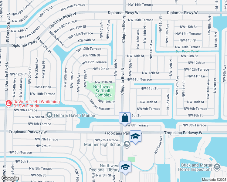 map of restaurants, bars, coffee shops, grocery stores, and more near 1039 Northwest 16th Place in Cape Coral