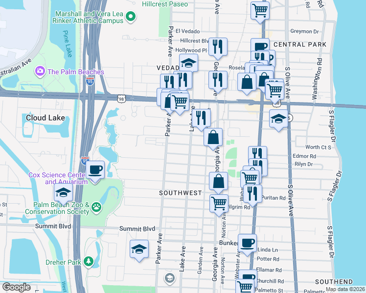 map of restaurants, bars, coffee shops, grocery stores, and more near 4401 Lake Avenue in West Palm Beach