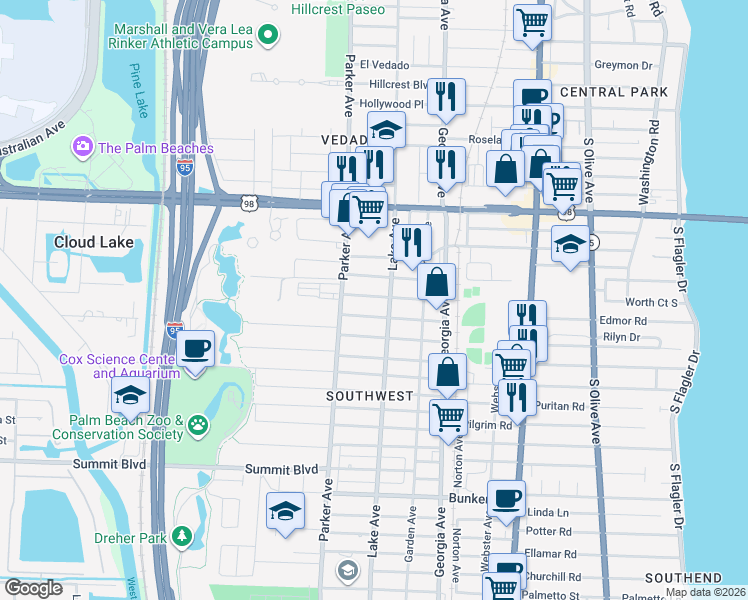 map of restaurants, bars, coffee shops, grocery stores, and more near 4401 Lake Avenue in West Palm Beach