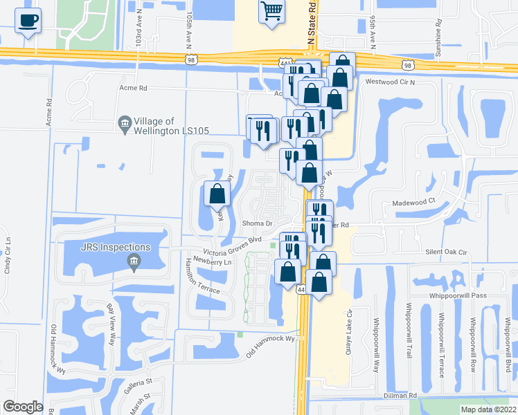 map of restaurants, bars, coffee shops, grocery stores, and more near Shoma Drive in Wellington