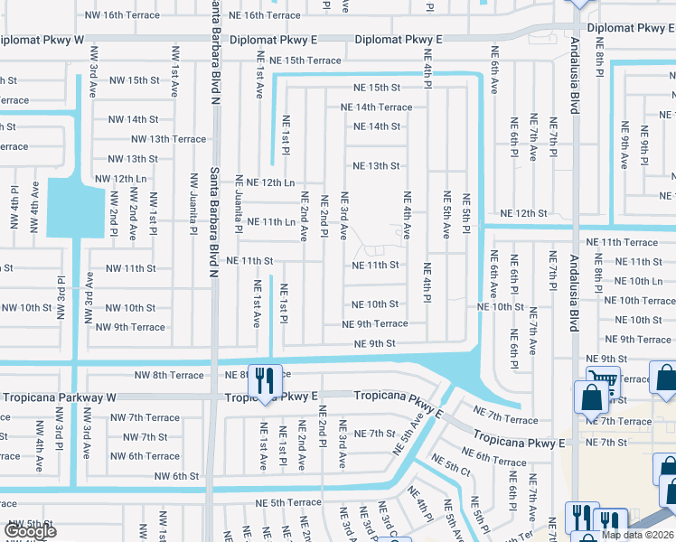 map of restaurants, bars, coffee shops, grocery stores, and more near 1026 Northeast 3rd Avenue in Cape Coral